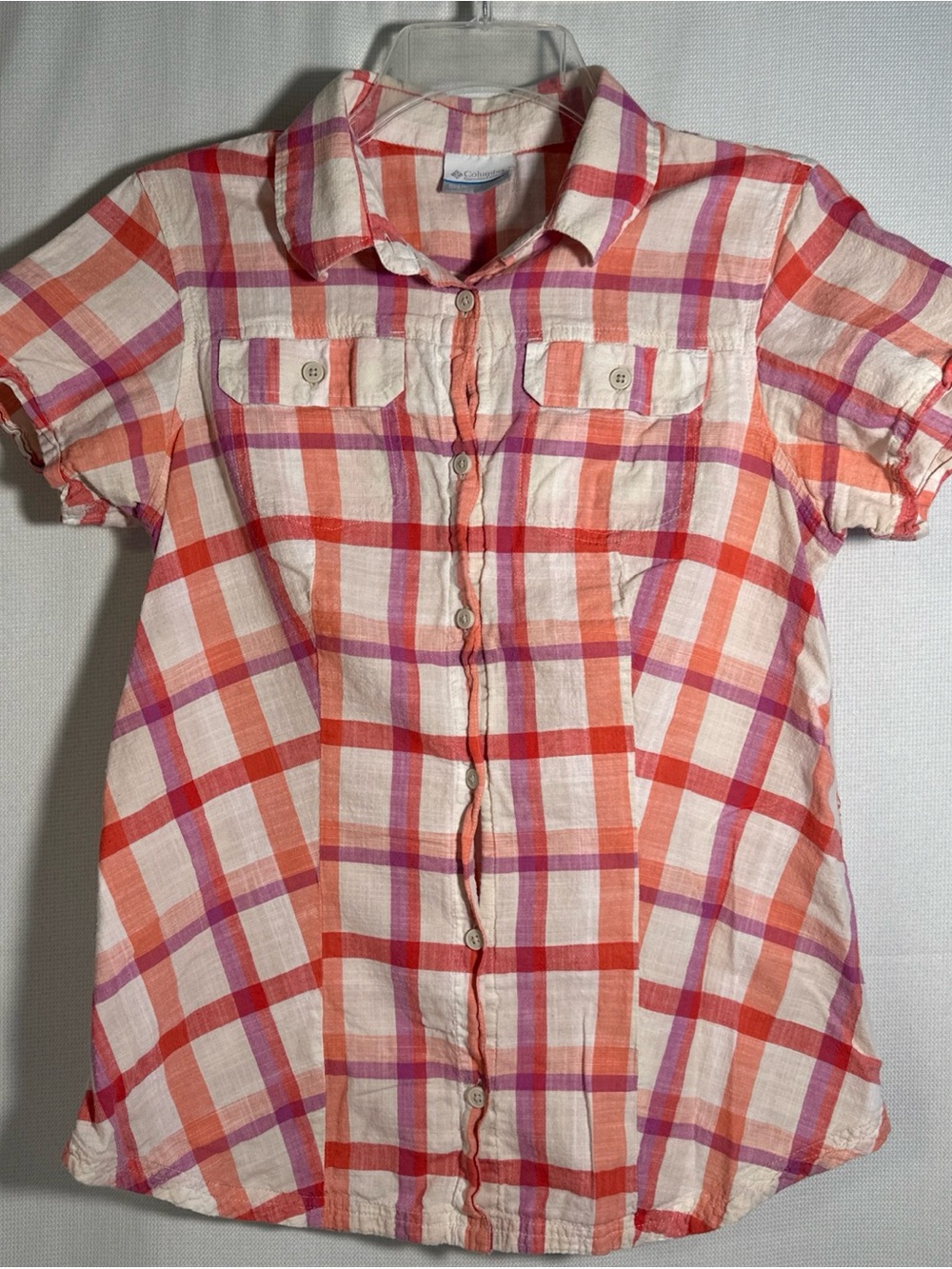 Lightweight Plaid Short-Sleeve Button-Down Shirt - Pink, Orange & Cream